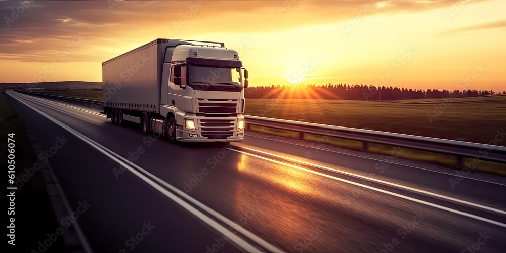 Cargo Truck on the Open Road at Sunset. Trucking Business in Motion