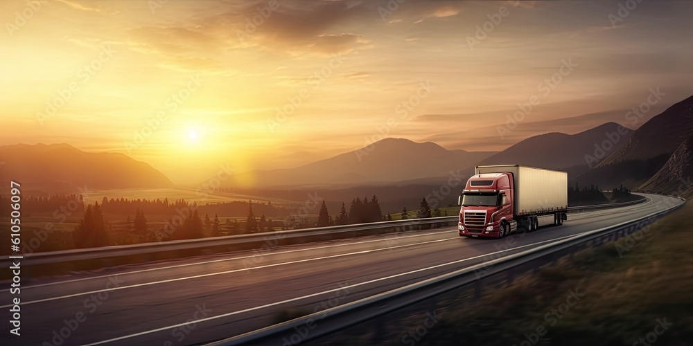Cargo Truck on the Open Road at Sunset. Trucking Business in Motion Cargo Truck on the Open Road at Sunset. Trucking Business in Motion