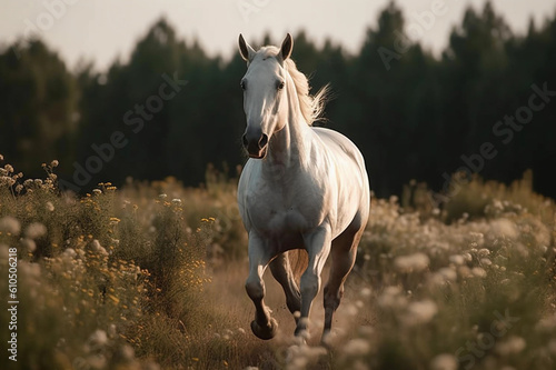 a white horse galloping across a field
