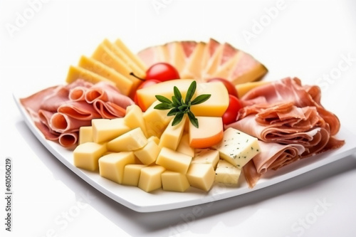 a plate of various kinds of cheese and ham