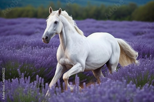 white horse running in lavender field