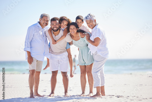 Big family, grandparents portrait or happy kids on beach to relax with siblings on fun holiday together. Dad, mom or children love bonding, smiling or relaxing with senior grandmother or grandfather