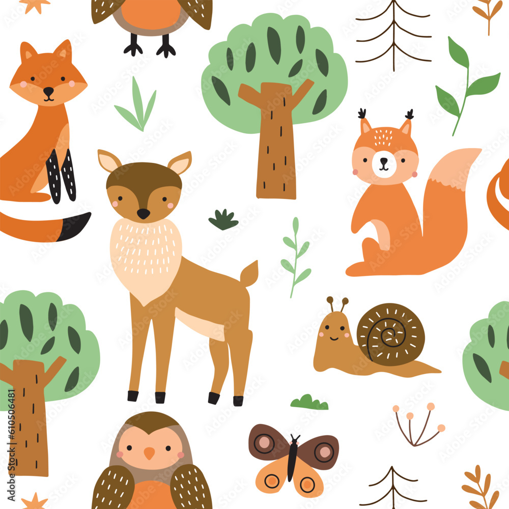 Naklejka premium Seamless forest pattern with cute animals. Vector illustration for nursery and textile decoration