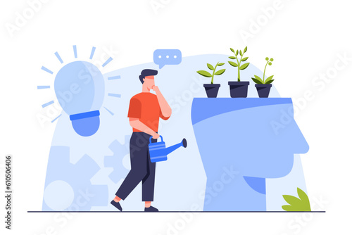 Education is like cultivating wisdom. A young man holds a watering can to water the plants.