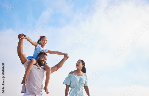 Piggyback, beach or parents walking with a girl for a holiday vacation together with happiness in summer. Holding hands, mother and father playing or enjoying family time with a happy child or kid