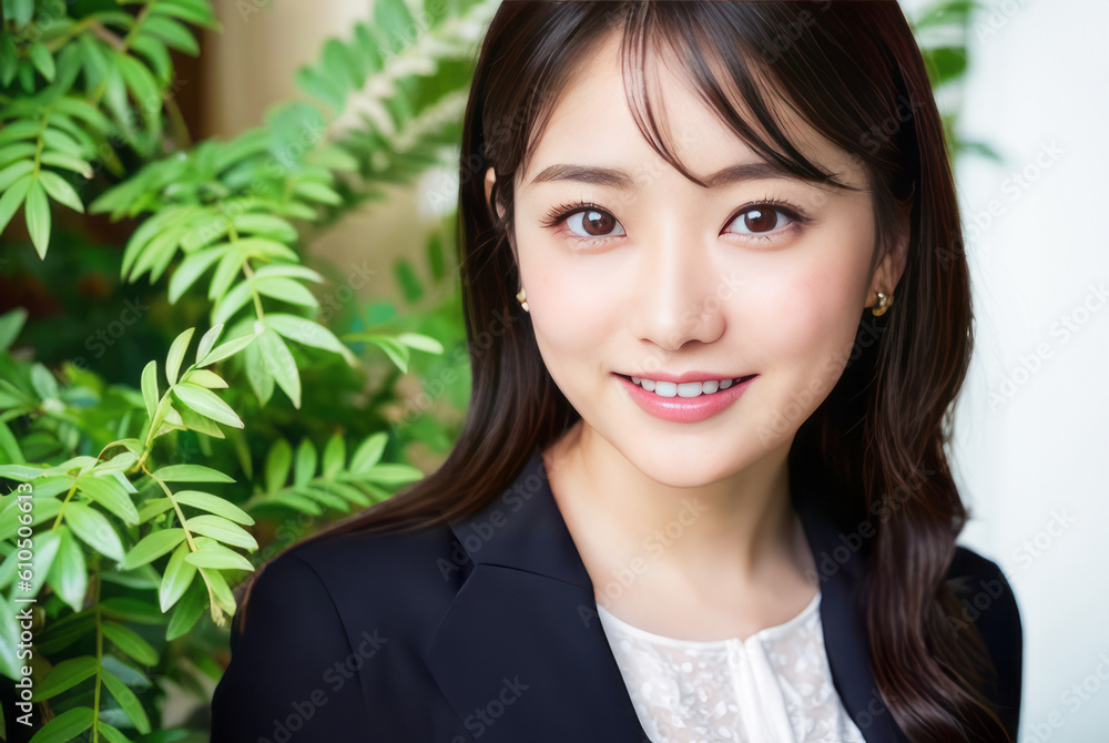 スーツ姿で笑顔のキャリアウーマン・会社員の日本人女性(美人モデル)