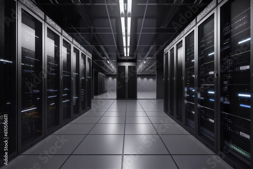 A wide shot of a modern data center with servers and equipment filling the long hallway, emphasizing the importance of digital information management. AI Generative.