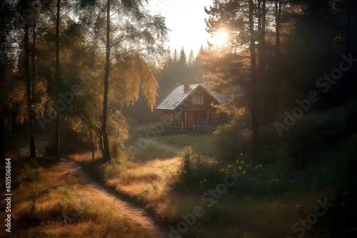 Aesthetic modern wooden house in forest. generative Ai