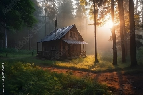 Aesthetic modern wooden house in forest. generative Ai