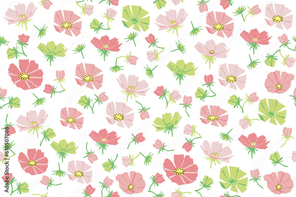 Abstract Cosmos blossoms and leaf seamless pattern. Element in pink, green, and yellow composition on white background. For baby child girl lady cloth apparel textile garment cover all over print