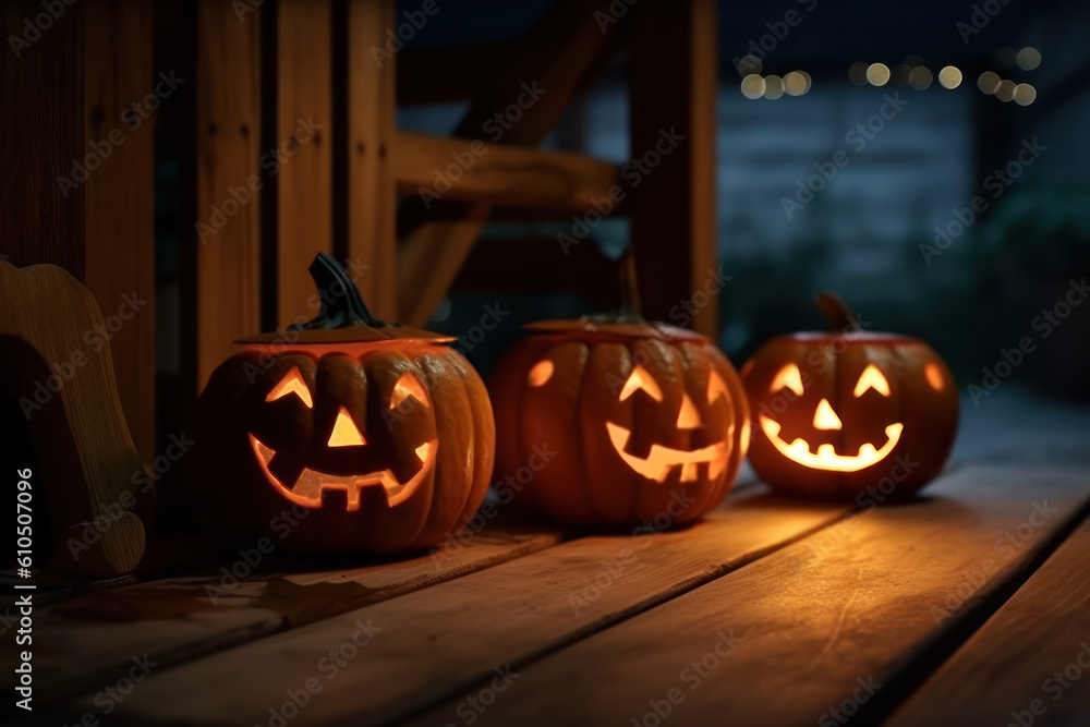 Fototapeta premium Jackie lantern pumpkins stand on the porch of the house. Halloween night. Photorealistic illustration generative AI.