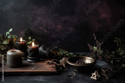 Wiccan accessories: candles, witchcraft talismans, herbs and amulets. Photorealistic illustration generative AI.