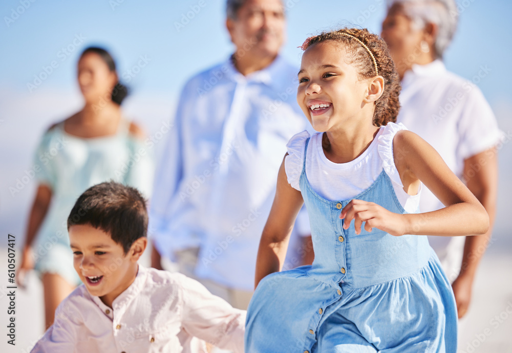 Excited, beach or happy kids running or playing in summer with happiness, joy or wellness in nature. Children, lovely girl or young boy bonding with a happy girl or playful sister walking together Excited, beach or happy kids running or playing in summer with happiness, joy or wellness in nature. Children, lovely girl or young boy bonding with a happy girl or playful sister walking together