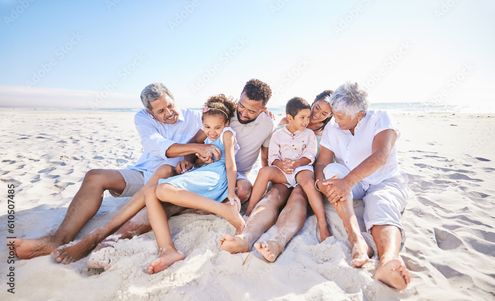 Vacation, travel or big family on beach to relax in nature bonding to enjoy quality time in summer. Happy kids, wellness or children laughing with grandparents, father or mother by ocean on holiday Vacation, travel or big family on beach to relax in nature bonding to enjoy quality time in summer. Happy kids, wellness or children laughing with grandparents, father or mother by ocean on holiday