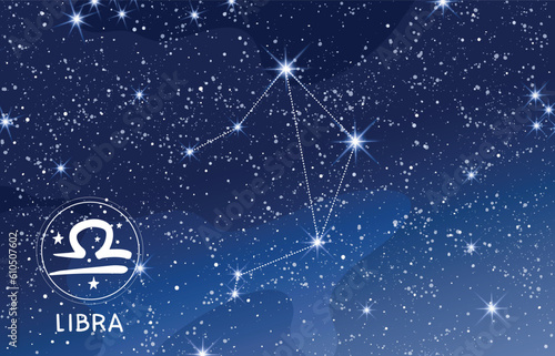 Libra constellation in the blue night sky, zodiac sign on blue background, astrology banner for horoscope, modern astronomy map, mystical vector illustration.