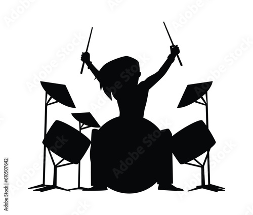 Vector black silhouette Illustration of Rock band star drummer with long hair playing drums on stage, isolated on white background