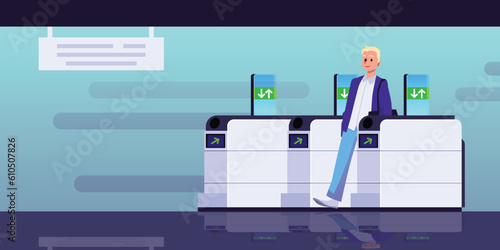Man walking through subway turnstile, flat vector illustration.