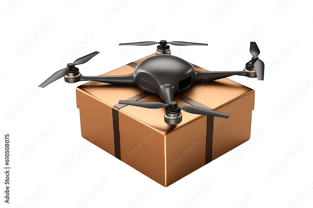 Flying drones with delivery boxes isolated on transparent background, Png Cutout. Generative Ai