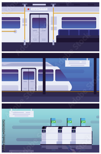 Set of vector illustrations of inside empty baffle gate or turnstile as passinggate for traffic in metro, subway train arriving at metro platform