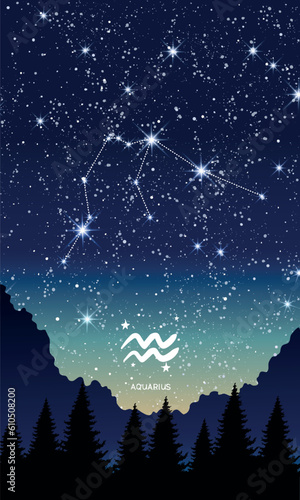 Aquarius horoscope constellation in the night sky, zodiac sign, vertical background for stories. Astrological chart, fortune teller, astronomical calendar. Modern realistic vector illustration.
