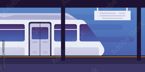 Vector illustrations of subway train arriving at metro platform, train with automatic doors