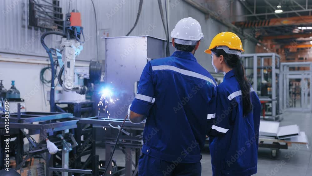 Two professional engineers control manage robot arm welding automation in heavy industry. Skillful man and woman working by welding robot in steel factory. Manufacturing automatic system concept Two professional engineers control manage robot arm welding automation in heavy industry. Skillful man and woman working by welding robot in steel factory. Manufacturing automatic system concept