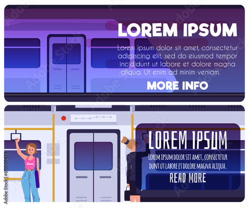 Set of vector banners, flyers of subway train with automatic doors arriving at metro platform, illustrations of people standing in the subway train, metro, holding the handle in the public transport.
