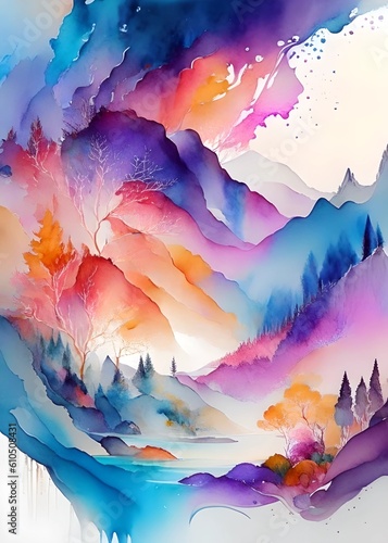abstract watercolor painting.  A watercolor painting of a mountain scene. Generative AI
