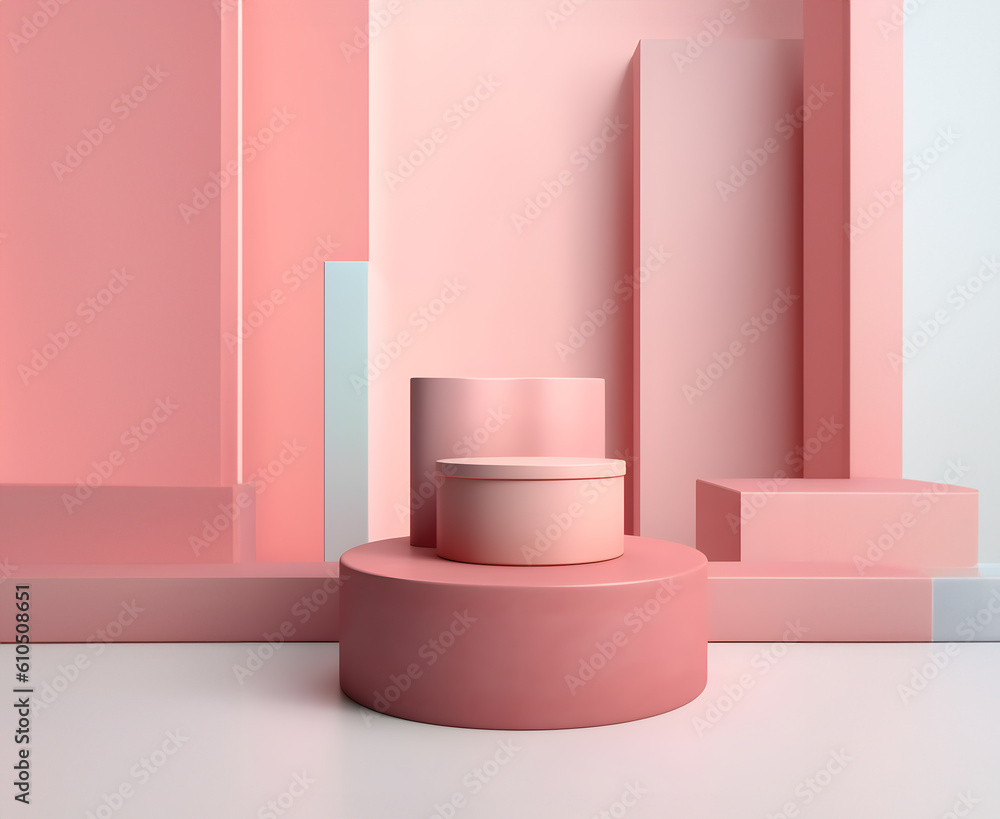 Abstract minimal concept. Pastel multi colour background with podium, abstract geometric cube landscape. Mock up template for product presentation. 3D rendering. copy text space Abstract minimal concept. Pastel multi colour background with podium, abstract geometric cube landscape. Mock up template for product presentation. 3D rendering. copy text space