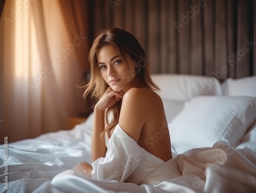 Beautiful woman is waking up in the morning, lying in bed, sun shines on her from the big window. Happy young girl greets new day with warm sunlight flare.