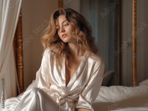 Beautiful woman is waking up in the morning, lying in bed, sun shines on her from the big window. Happy young girl greets new day with warm sunlight flare. © radekcho