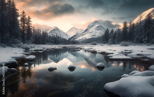 Landscape photo of a serene and secluded mountain lake surrounded by towering snow