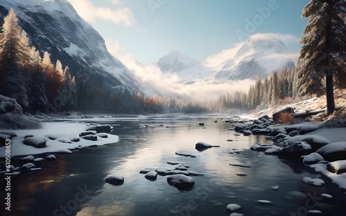 Landscape photo of a serene and secluded mountain lake surrounded by towering snow