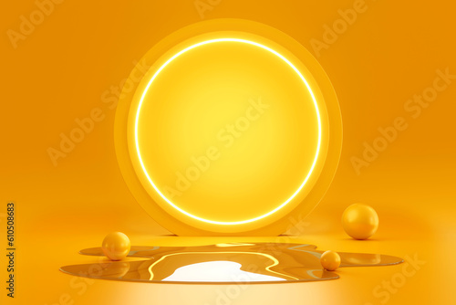 Display podium with lighting circle and spilled water. Stand to show cosmetic products. stage showcase on pedestal display orange studio. 3D render © HappyPic