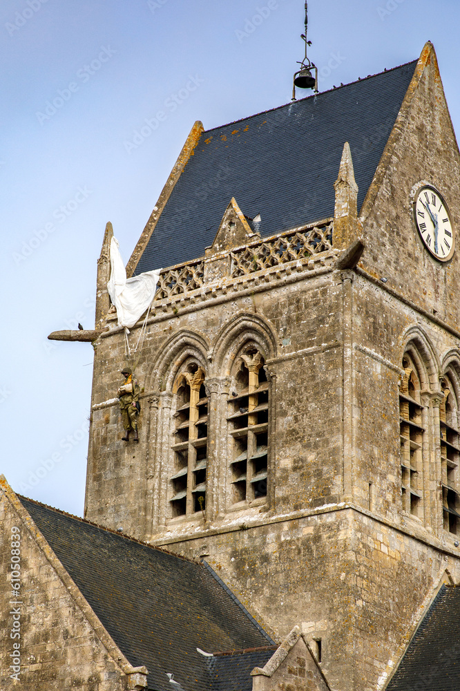 Fototapeta premium the historical church of Sainte Mere Eglise in Normandy, France