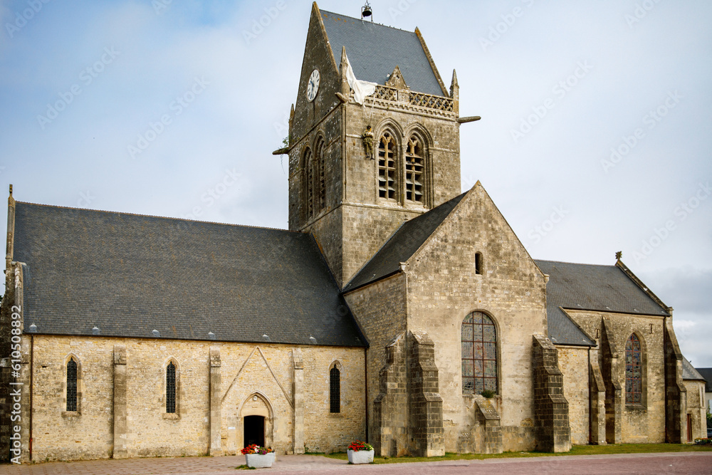 Fototapeta premium the historical church of Sainte Mere Eglise in Normandy, France