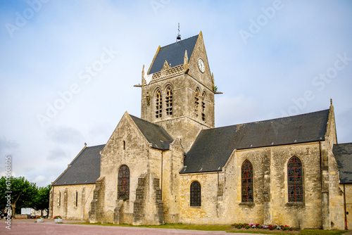 the historical church of Sainte Mere Eglise in Normandy, France