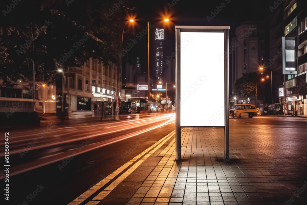 Blank white vertical digital billboard poster on city street bus stop sign at night, blurred urban background with skyscraper, people, mockup for advertisement, marketing- Generative ai.