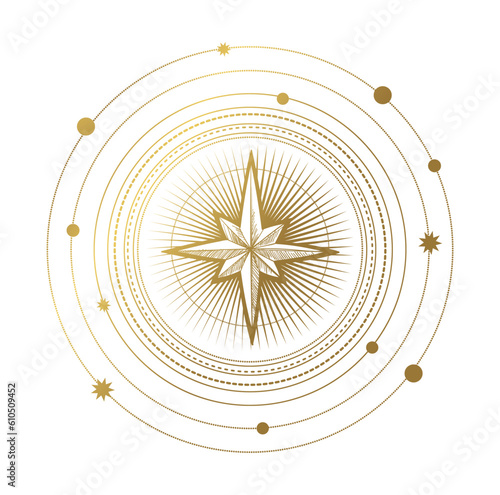 Golden star with rays and orbits, mystical celestial symbol of astrology, zodiac, tarot. Vector line illustration, magic logo, witch tattoo.