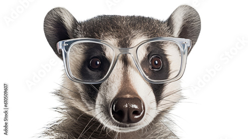 close-up of a badger wearing small glasses isolated on a transparent background