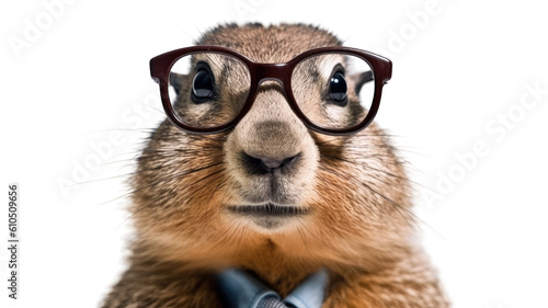 close-up of a groundhog wearing small glasses isolated on a transparent background © Perfect PNG