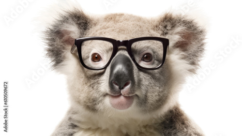 close-up of a koala wearing small glasses isolated on a transparent background