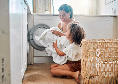 Fotografía Help, laundry and washing machine with mother and daughter for cleaning, learning and cleaner