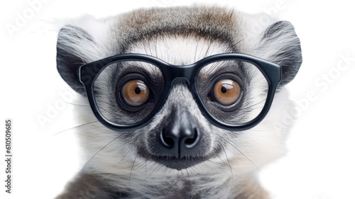 close-up of a lemur wearing small glasses isolated on a transparent background