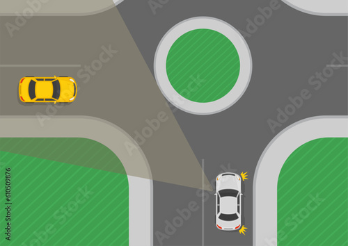 Safe driving tips and traffic regulation rules. The driver might be able to see that the road is clear from approaching traffic at an open roundabout. Top view. Flat vector illustration template.