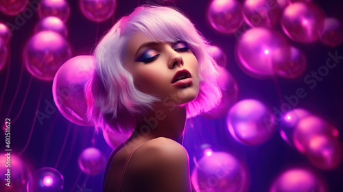 Model portrait on neon pink and blue background, futuristic fashion ai illustration   