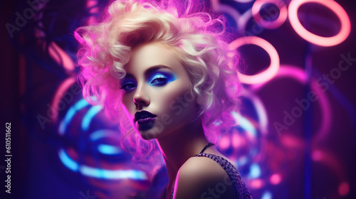 Model portrait on neon pink and blue background, futuristic fashion ai illustration 