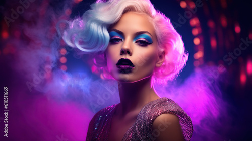 Model portrait on neon pink and blue background, futuristic fashion ai illustration 