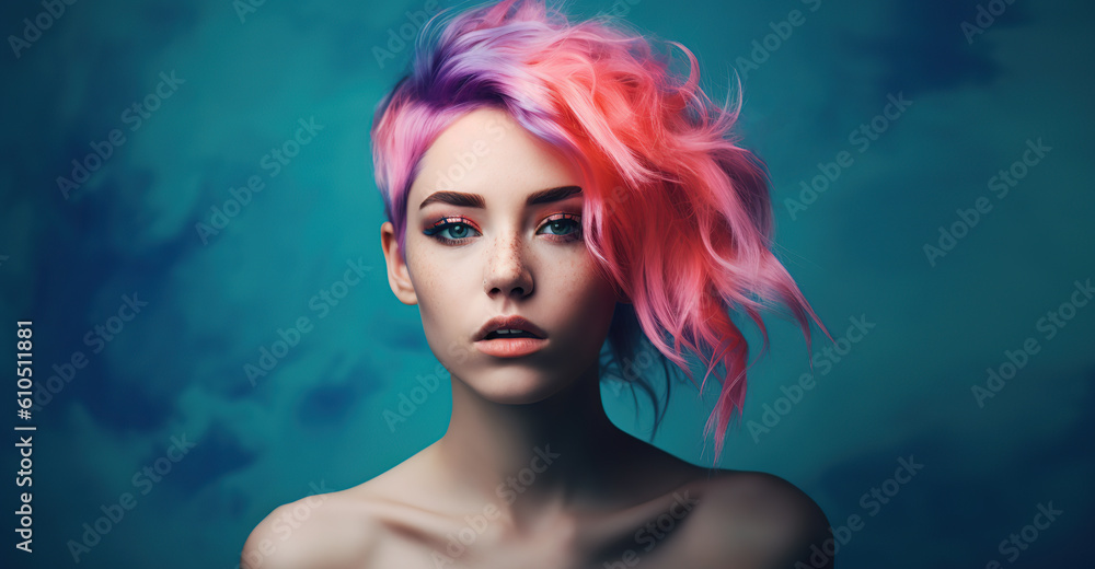 Portrait of a woman with pink hair on blue background with copy space 