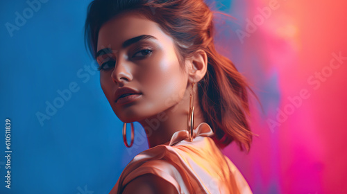 Portrait of young woman on  pink and blue background, fashion ai illustration   